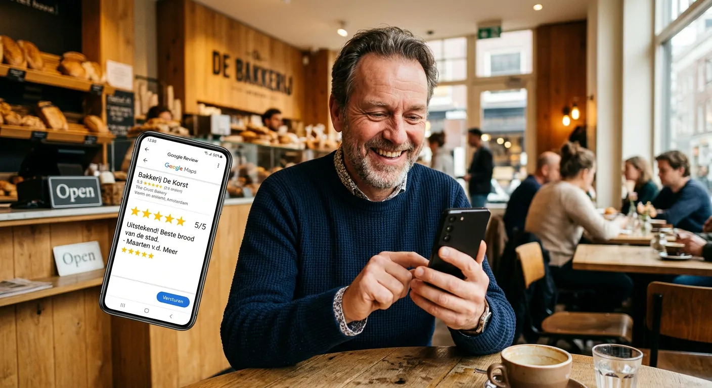 Tevreden klant geeft een 5-sterrenreview op Google via zijn telefoon.